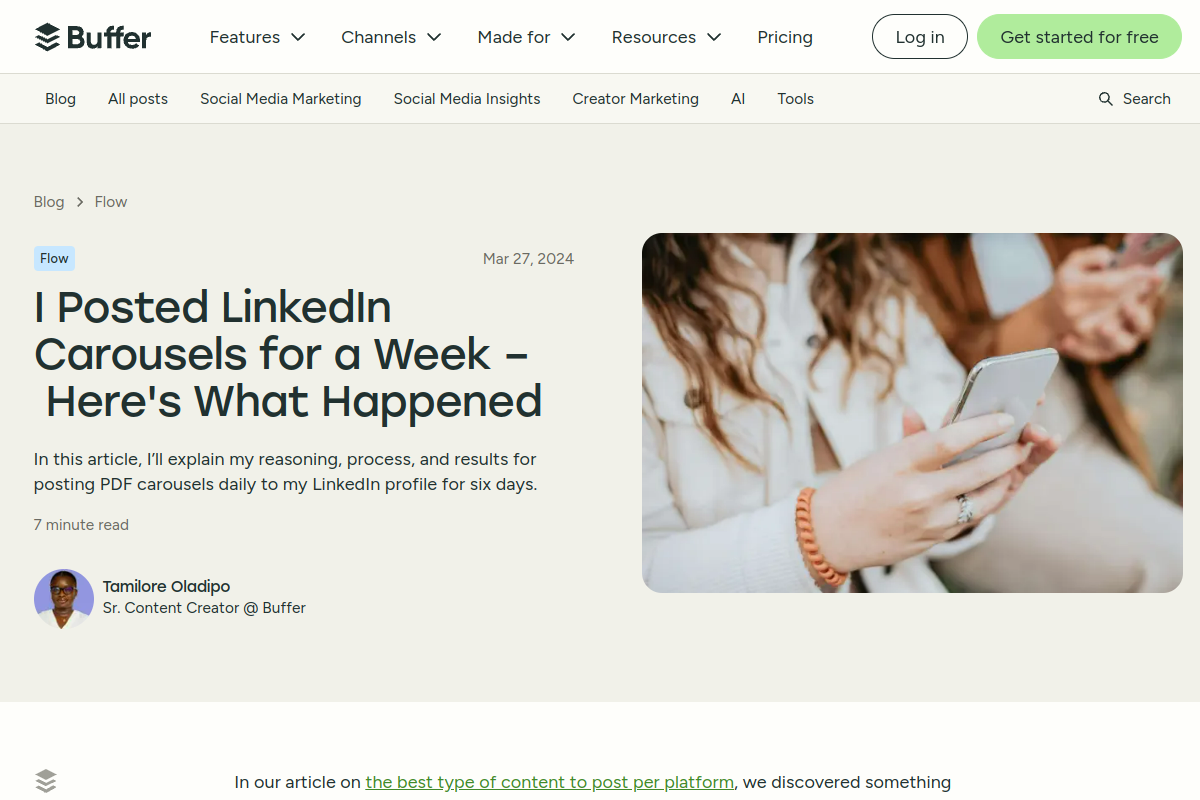 Buffer's LinkedIn carousel experiment showing 14,001 impressions from carousel posts versus 5,033 from regular posts