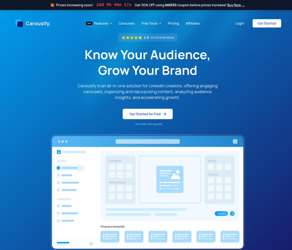Carousify LinkedIn carousel tool homepage showing carousel builder and scheduling features