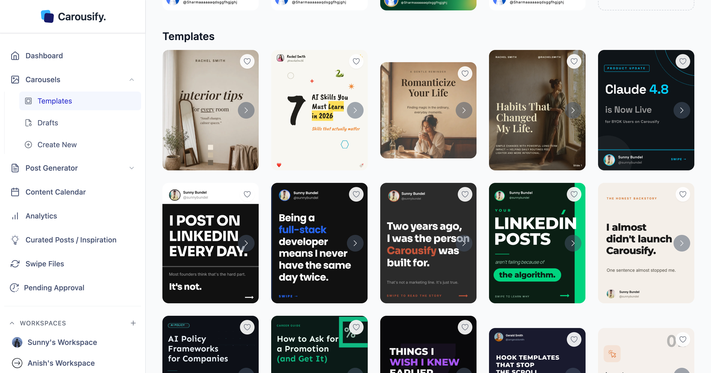 Carousify template gallery showing ready-made LinkedIn carousel designs in a grid